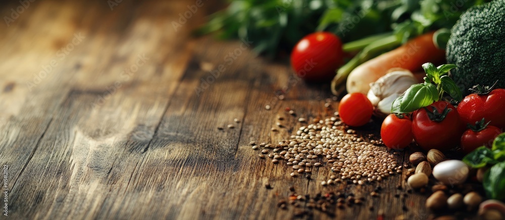 Poster various vegetables seeds and fruits on a wooden table with space for text healthy eating. with copy 