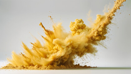 Vibrant Yellow Powder Explosion on White Background with Dynamic Burst, Colorful Particles, and High-Definition Energy for Bold and Impactful Visuals