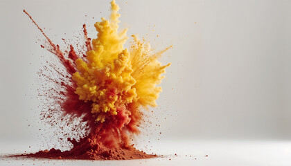 Vibrant Yellow Powder Explosion on White Background with Dynamic Burst, Colorful Particles, and High-Definition Energy for Bold and Impactful Visuals