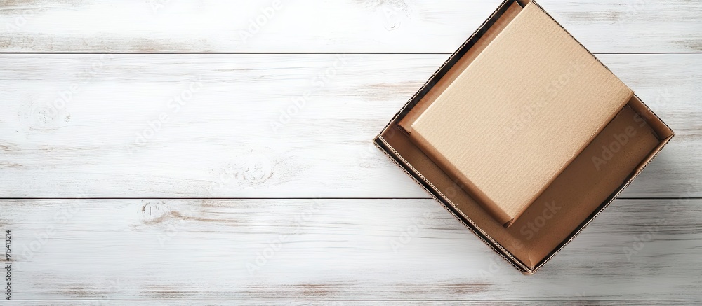 Poster cardboard box on a white rustic wooden surface with copy space