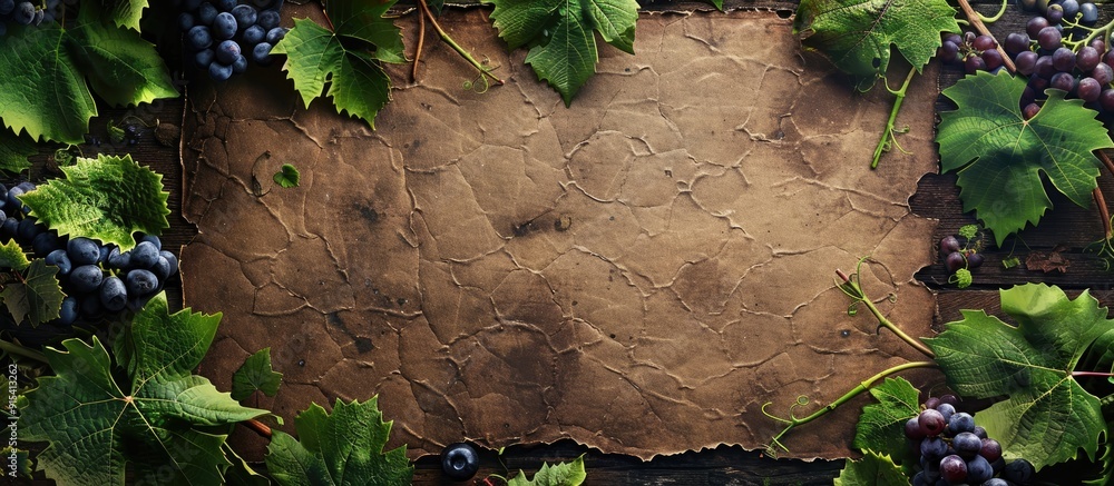 Poster Wine list menu featuring green grapevine leaves on aged paper Vintage backdrop for your wine card with copy space for text Template for an empty menu for alcoholic beverages with a grape branch