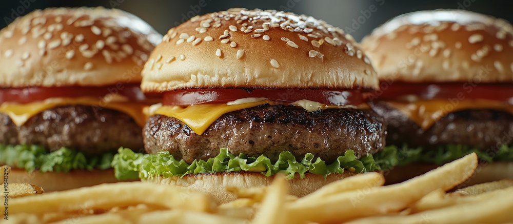 Aufkleber close up of three tasty mini burgers accompanied by crispy french fries. with copy space image. plac