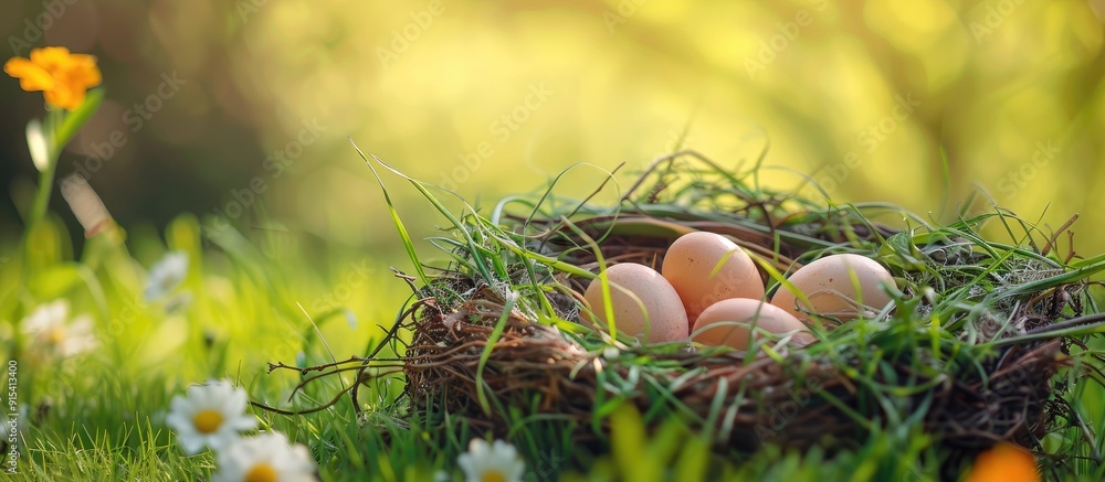 Poster Eggs in a nest on green grass The concept of the Easter Holiday. with copy space image. Place for adding text or design