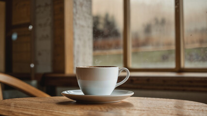 Steaming Cup of Coffee on a Table with Rustic Charm, Warm Ambiance, and Cozy Atmosphere for Comforting and Inviting Visuals

