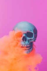skull on a solid purple background, orange smoke goes through the eyes of the skull modern Halloween poster