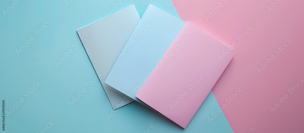 Aufkleber Top view of a blank A4 paper brochure mockup card on a light blue and pink pastel background. with copy space image. Place for adding text or design