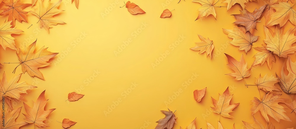 Poster autumn festive backdrop featuring palmate maple leaves on a yellow background. with copy space image