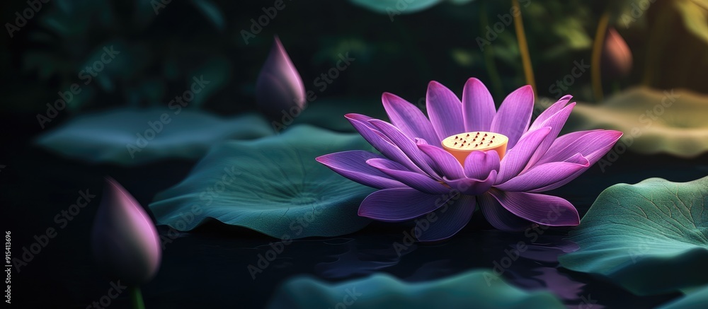 Poster blooming purple lotus flower alongside green leaves with a dark background. with copy space image. p