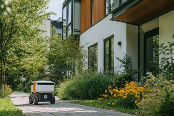 A grocery delivery robot delivering goods in housing area.