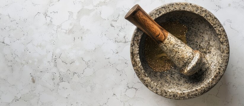 Top view of a stone mortar and pestle on a white background kitchen object copy space