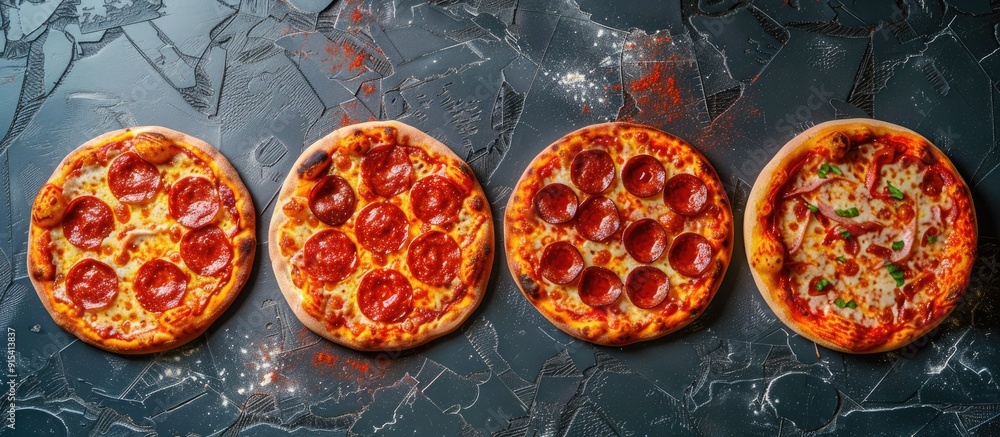 Poster Tasty four cheese pizza on a concrete surface Aerial view of the hot pizza. with copy space image. Place for adding text or design