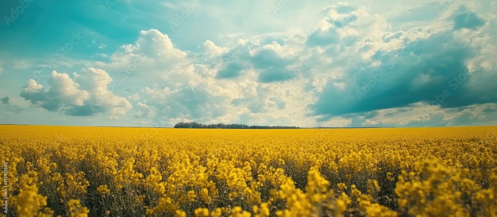 Leinwandbilder Scenic rapeseed fields beneath a cloudy sky Aerial view of rapeseed crops in a farm field. with copy space image. Place for adding text or design