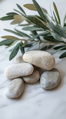 Tranquil Scene with Sage Twig and Smooth Pebbles on Sand