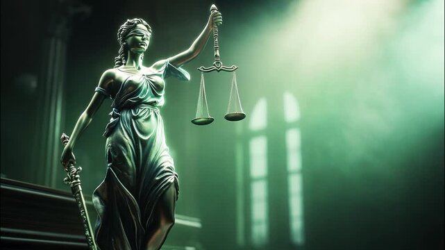 Lady Justice with scales and sword on a dark green courtroom background with copy space. Justice and judicial concept