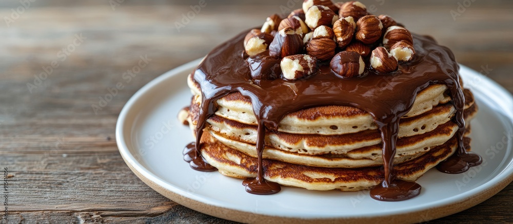 Fototapete pancakes topped with chocolate spread and hazelnuts served on a white plate against a wooden backgro
