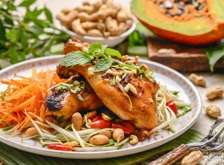A plate of grilled chicken served with spicy papaya salad, garnished with peanuts.
