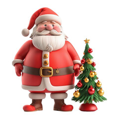 Fototapeta premium 3D Santa Claus stands next to a Christmas tree on transparent background. The tree is decorated with many ornaments, including a star.