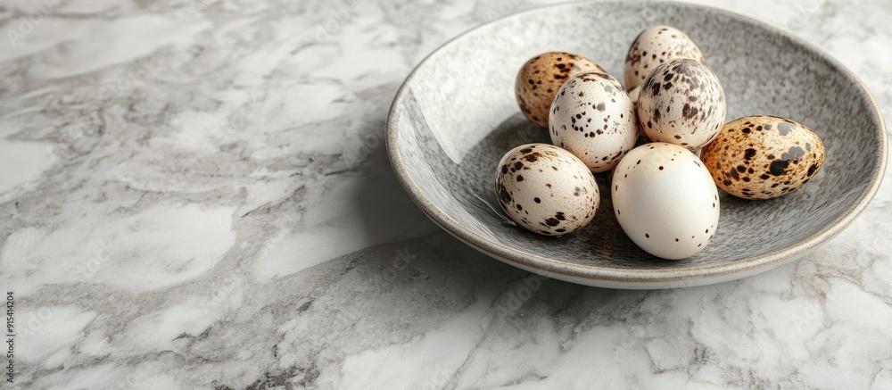 Leinwandbilder quail eggs on a plate the plate rests on a marble surface. with copy space image. place for adding t