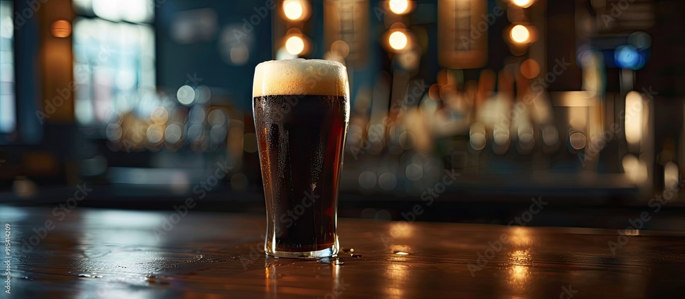 Poster Dark beer in a glass on a table in a pub with copyspace for a menu text