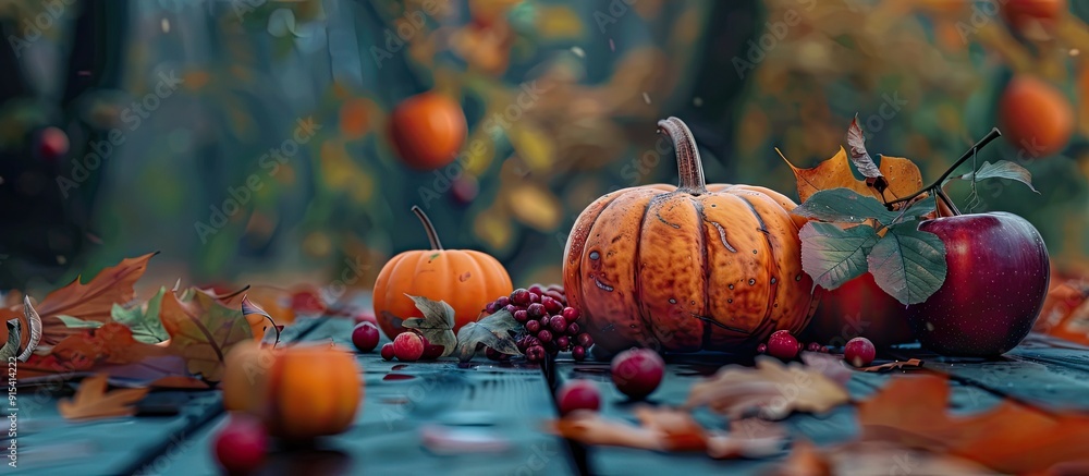 Fototapete Autumn Pumpkin Thanksgiving Background featuring orange pumpkins apples and fallen leaves on a wooden table viewed up close. with copy space image. Place for adding text or design