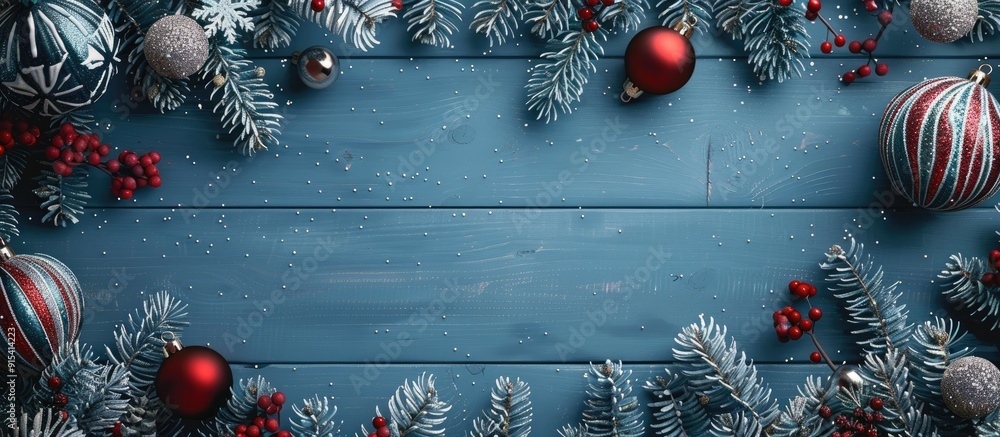 Poster snowflakes alongside a card invitation and envelope on a blue background christmas and new year tree