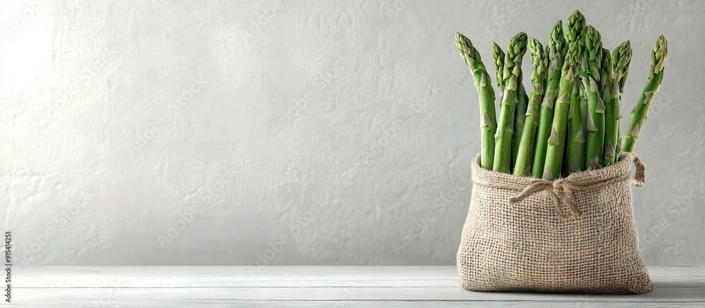 Poster green asparagus in a jute bag on a white wooden table. with copy space image. place for adding text 