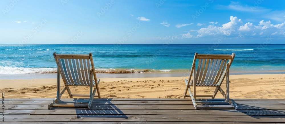 Leinwandbilder deck chairs on the shoreline. with copy space image. place for adding text or design