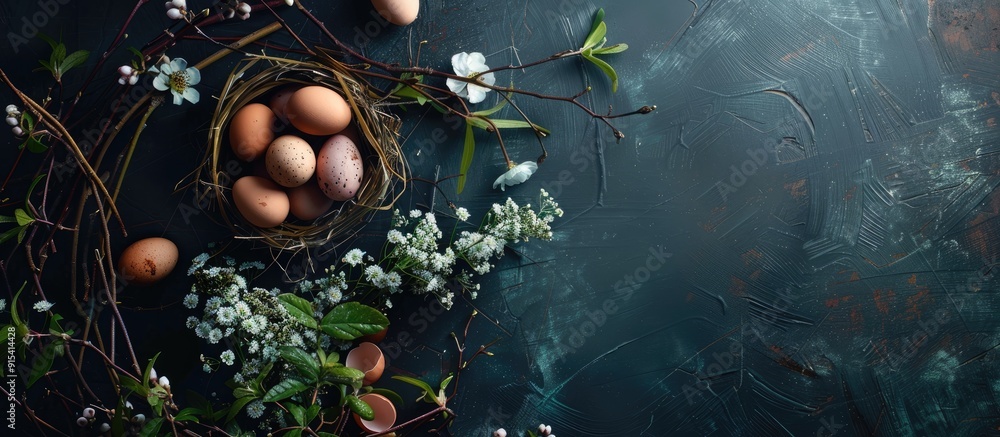 Aufkleber Vintage background featuring Easter eggs Antique kitchenware on a dark backdrop Easter setting with eggs and spring branches Top view with copyspace