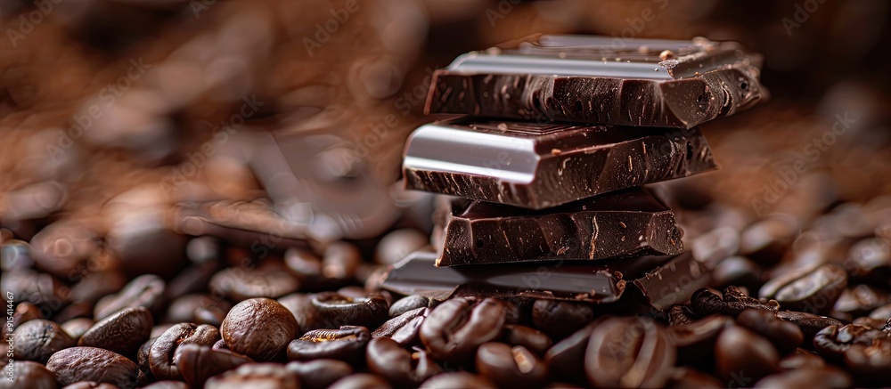 Poster close up of chocolate pieces stacked among coffee beans. with copy space image. place for adding tex