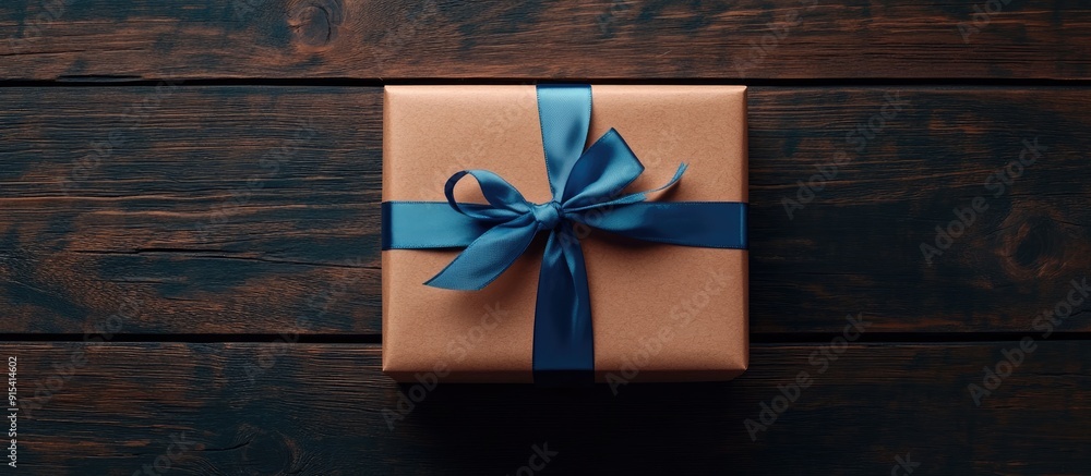 Poster paper gift box tied with a colored ribbon on a dark wood surface top view with copy space for a chri