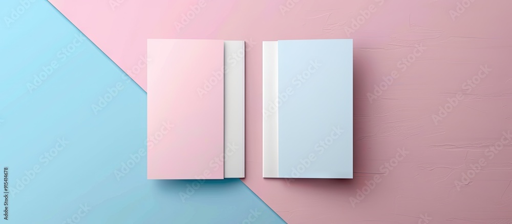 Aufkleber top view of a blank a4 paper brochure mockup card on a light blue and pink pastel background. with c