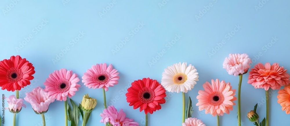 Aufkleber border frame created with gerbera flowers against a blue backdrop. with copy space image. place for 