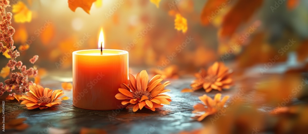 Leinwandbilder autumn candle featuring orange leaves and blooms. with copy space image. place for adding text or de