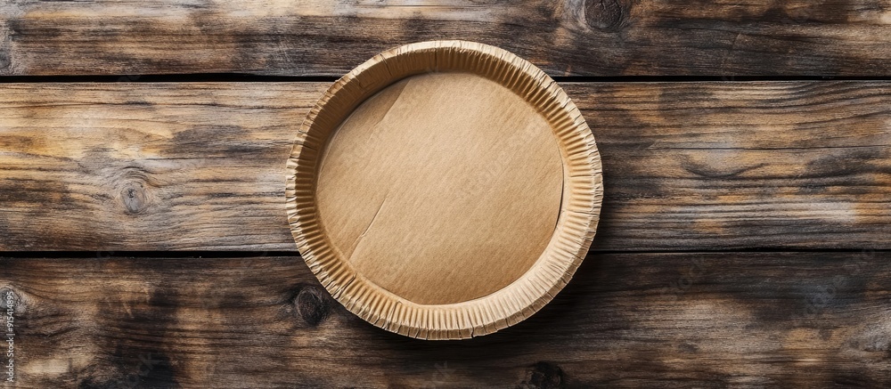Poster Worn cardboard plate on a wooden surface. with copy space image. Place for adding text or design