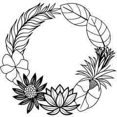 Tropical Round Floral Frame Template Hand Drawn Illustration Isolated Vector