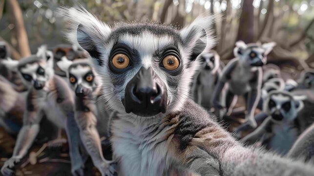 Group of Lemur Cattas close-up in the wild