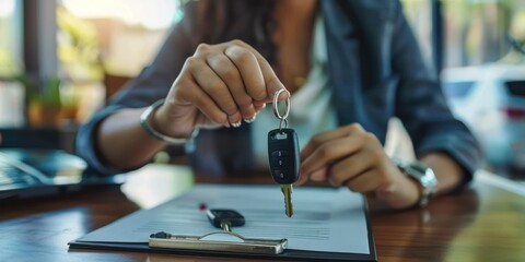 Hand Holding Car Keys Over a Contract