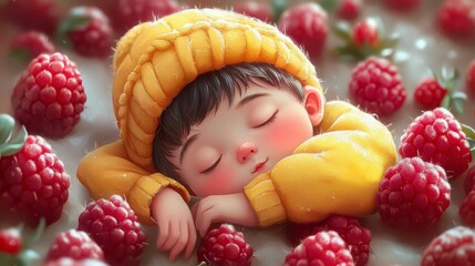 Fototapeta premium Cartoon child sleeping on vegetables and fruits