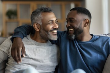 Obraz premium African american middle-aged gay couple, full of joy, embraces on the couch, smiling and enjoying each other's company.