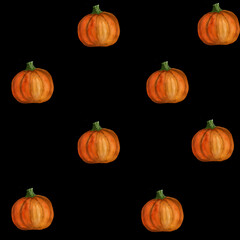 Seamless simple watercolor pattern with orange pumpkins. Watercolor illustration on black background. For wrapping paper, textile, fabric, postcards