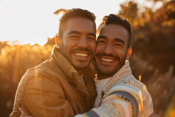 Happy middle-aged latino american gay couple shares a loving embrace in the park at golden hour, smiling and enjoying their day.