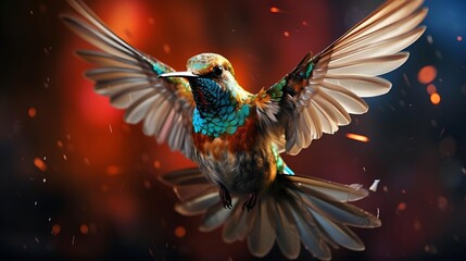 A colorful bird in flight, wings outstretched, gliding gracefully through.