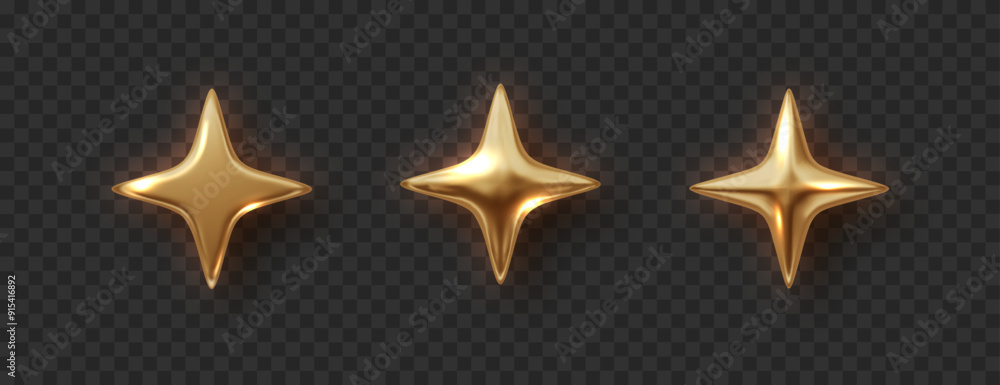 Wall mural golden four-pointed stars of various shapes. christmas realistic design element. realistic shining a