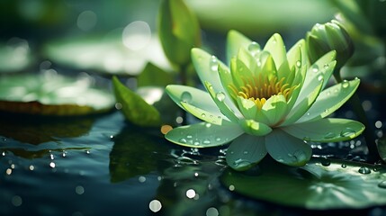 A serene green lotus flower rests on the water's surface.