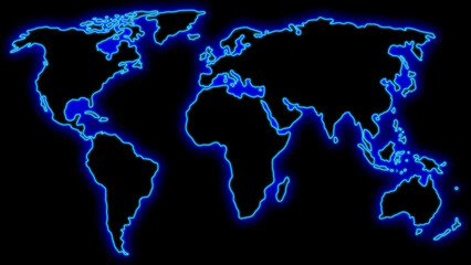 Illustration with a world map, continents on a dark background with a neon glow effect