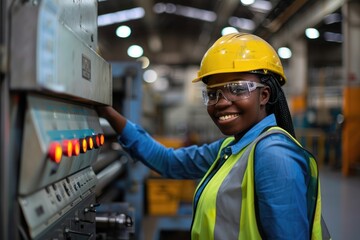 A young smiling Black woman in an industrial factory wearing a yellow helmet and reflective vest is operating the machine at work. concept of labor day