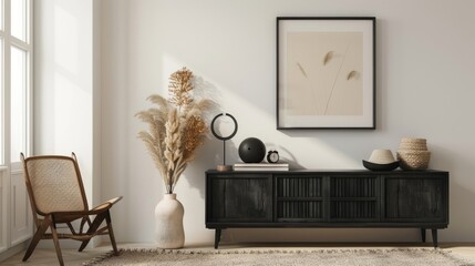 Simple living room decor with blank space, black cabinet, dried flower vase, wall decoration, and chic accessories. Interior design template.