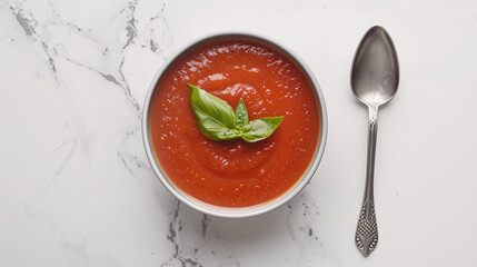 a simple bowl of creamy tomato soup, garnished with a single basil leaf, placed on a white marble surface with a silver spoon beside it 