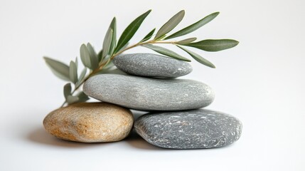 Tranquil Scene with Sage Twig and Smooth Pebbles on Sand