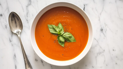 a simple bowl of creamy tomato soup, garnished with a single basil leaf, placed on a white marble surface with a silver spoon beside it 
